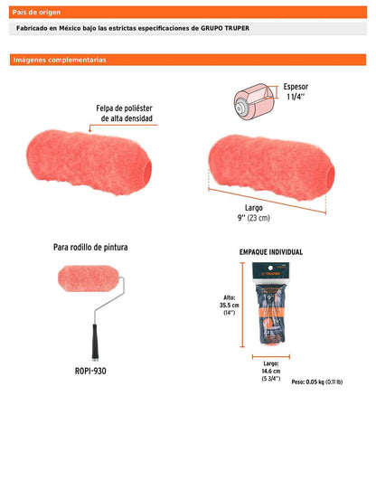 Felpa para rodillo de 9 pulgadas por 1 1/4 para superficies extrarrugosas