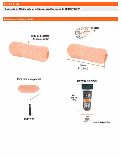 Felpa para rodillo de 9 pulgadas por 1 para superficies muy rugosas