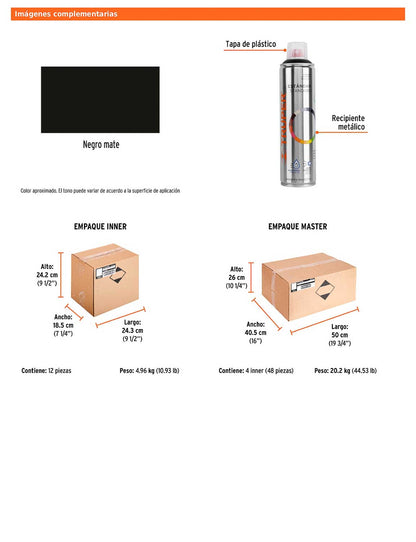 Pintura en aerosol negro mate bote esbelto de 400 ml
