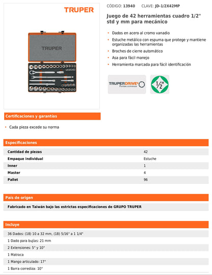 Juego de 42 herramientas mecánicas cuadro 1/2 en estándar y milimétrico