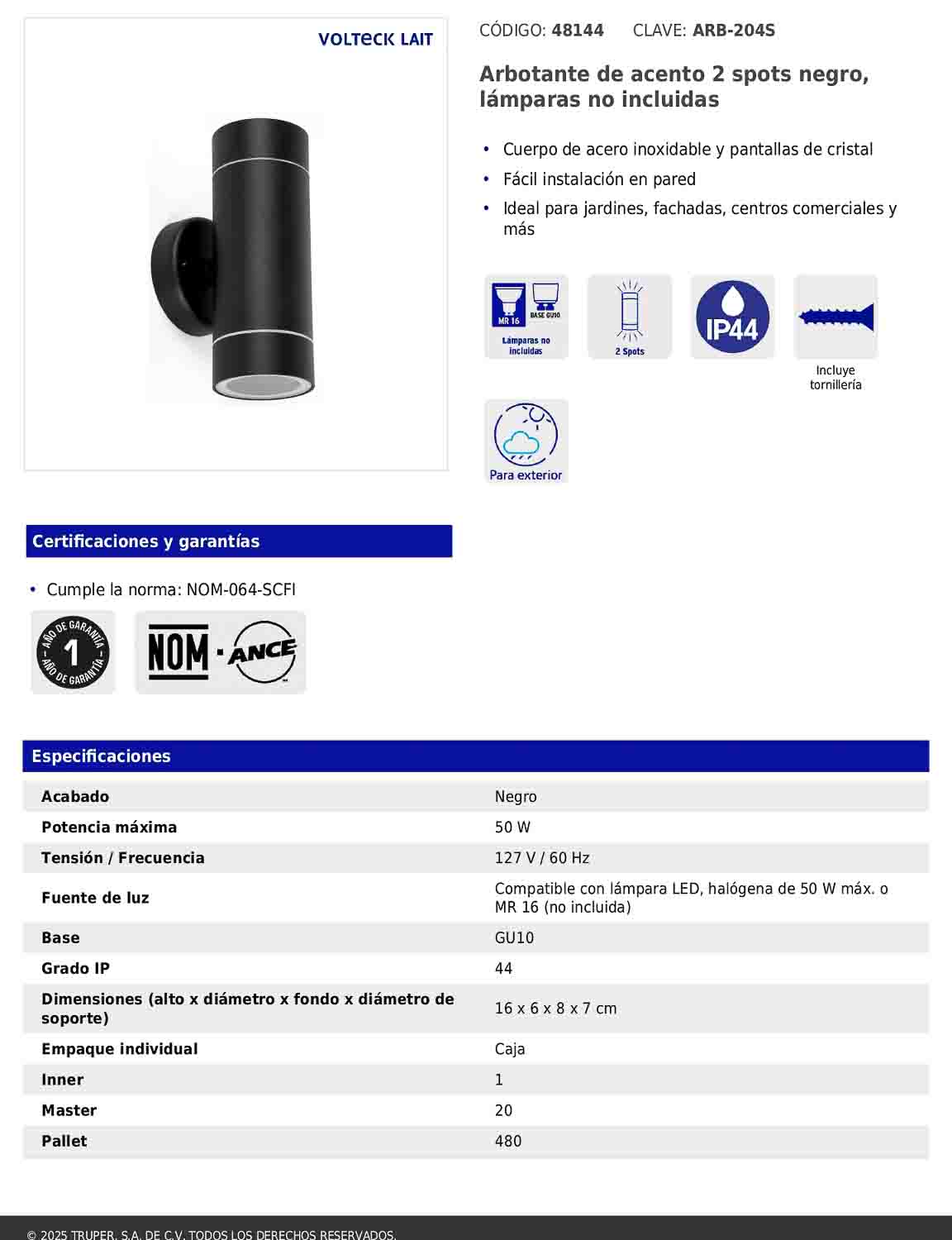 Arbotante de acento con 2 luces tipo spot color negro