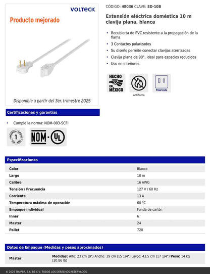Extensión eléctrica doméstica de 10 m con clavija plana blanca