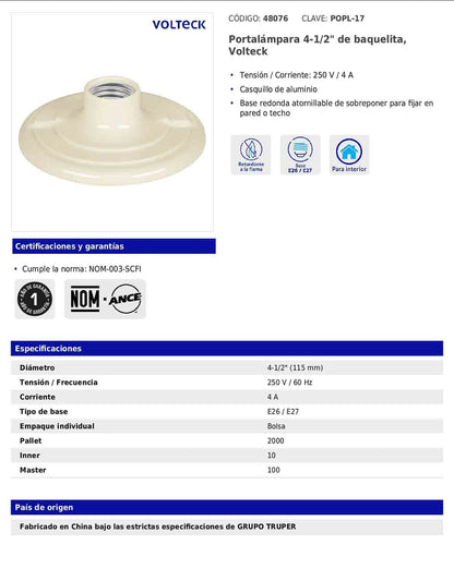 Portalámpara de baquelita de 4-1/2 in con casquillo de aluminio y base redonda