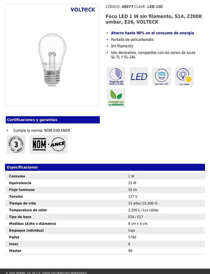 Foco LED decorativo de 1W con luz ámbar sin filamento