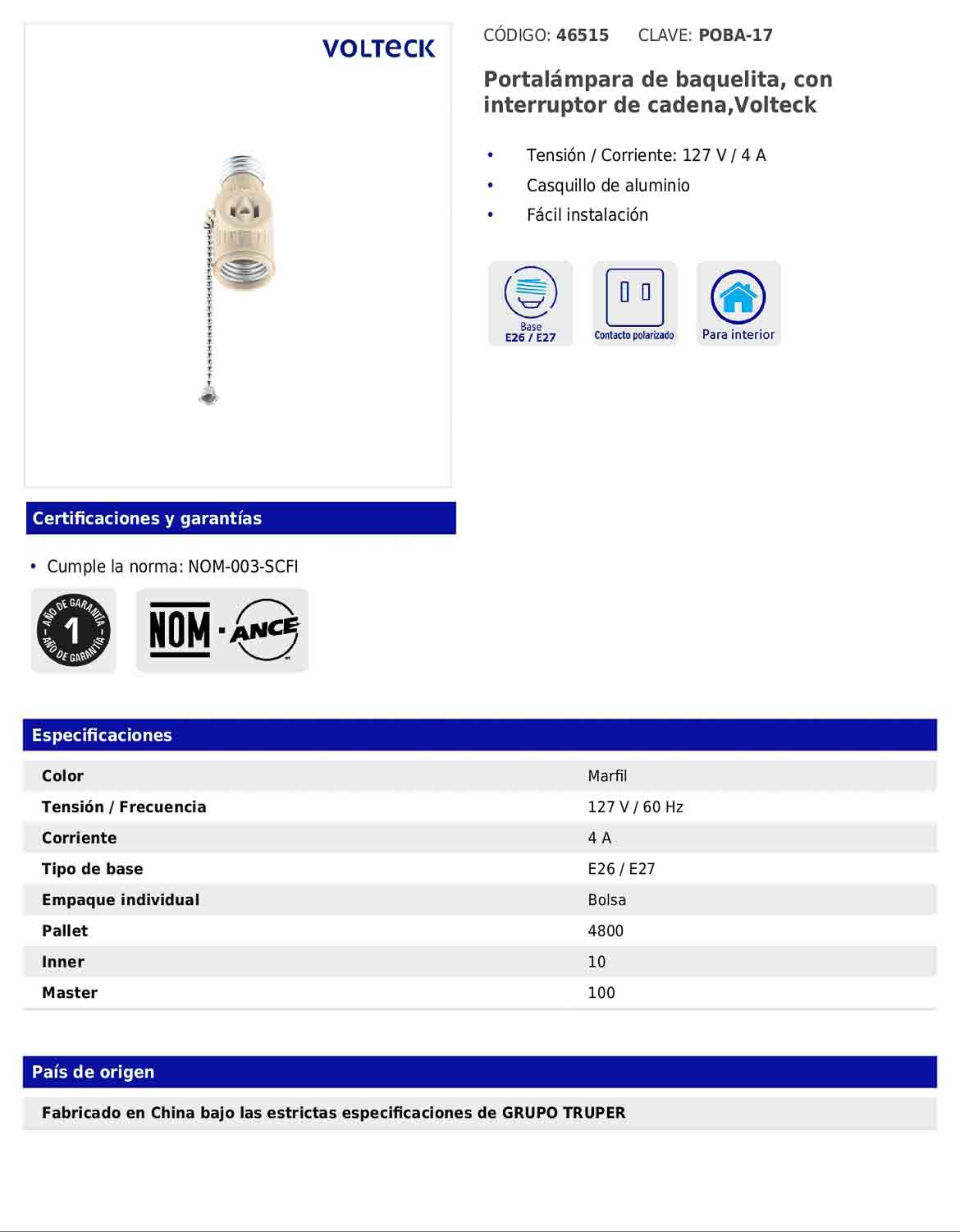 Portalámpara de baquelita con interruptor de cadena y casquillo de aluminio