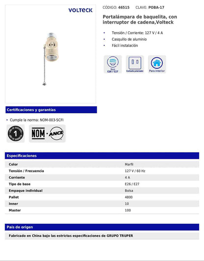 Portalámpara de baquelita con interruptor de cadena y casquillo de aluminio