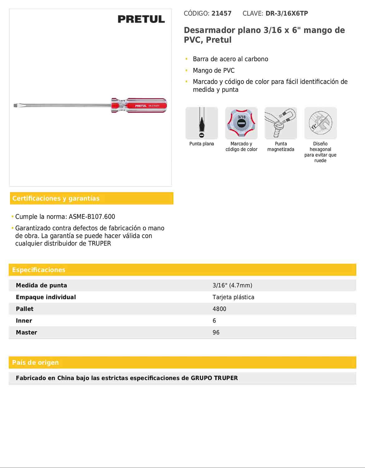 Desarmador plano de 3/16 x 6 con mango de PVC