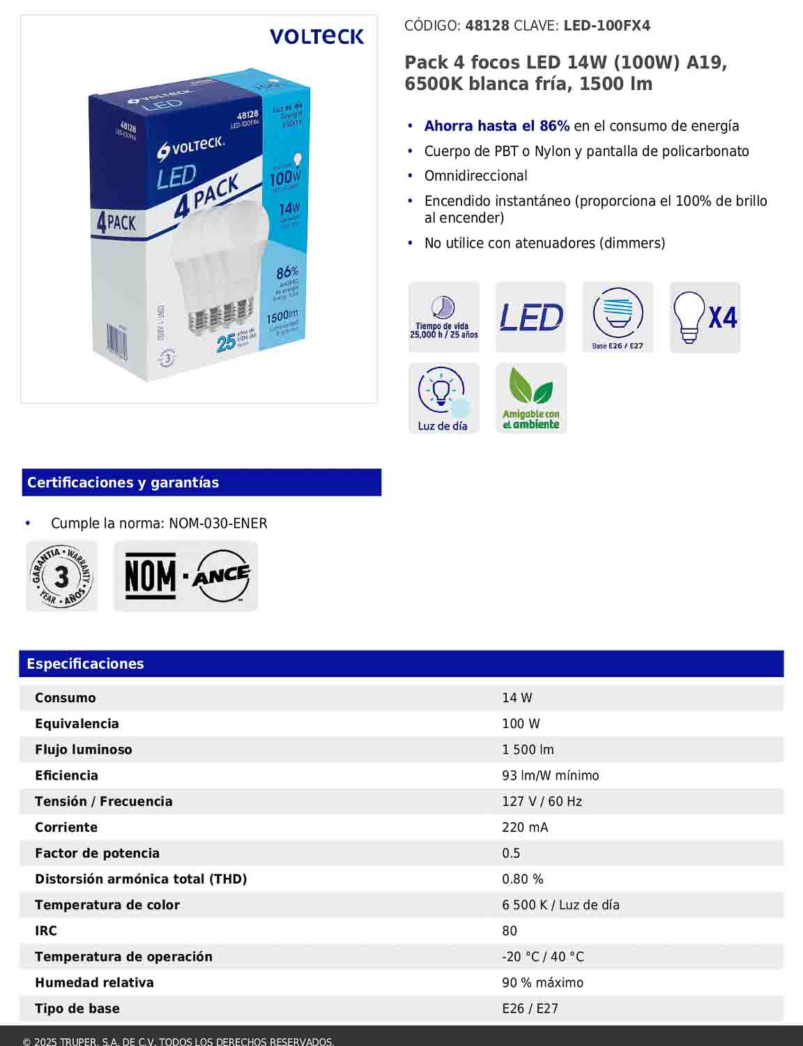 Pack de 4 focos LED 14W A19 6500K blanca fría 1500 lm