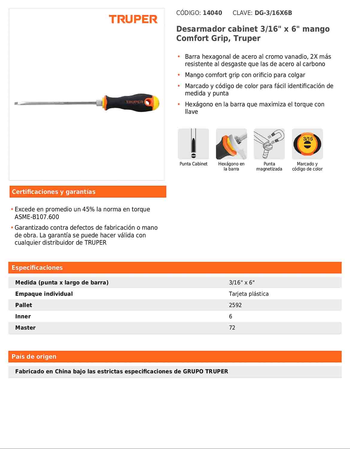 Desarmador cabinet de 3/16 con barra de 15.24 cm y mango Comfort Grip