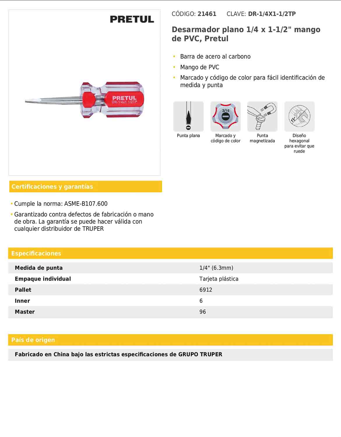 Desarmador plano de 1/4 x 1-1/2 con mango de PVC