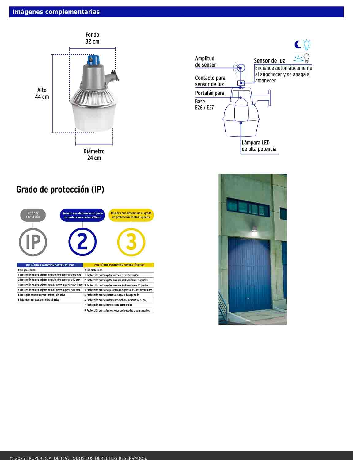 Luminario suburbano con foco LED de 50 W y sensor de luz