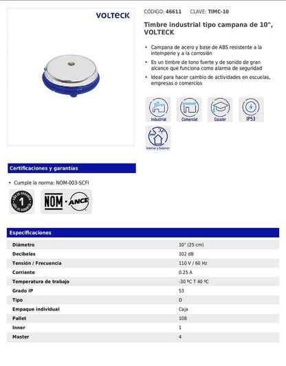Timbre industrial tipo campana de 10" de 110 V con tono fuerte para alarma