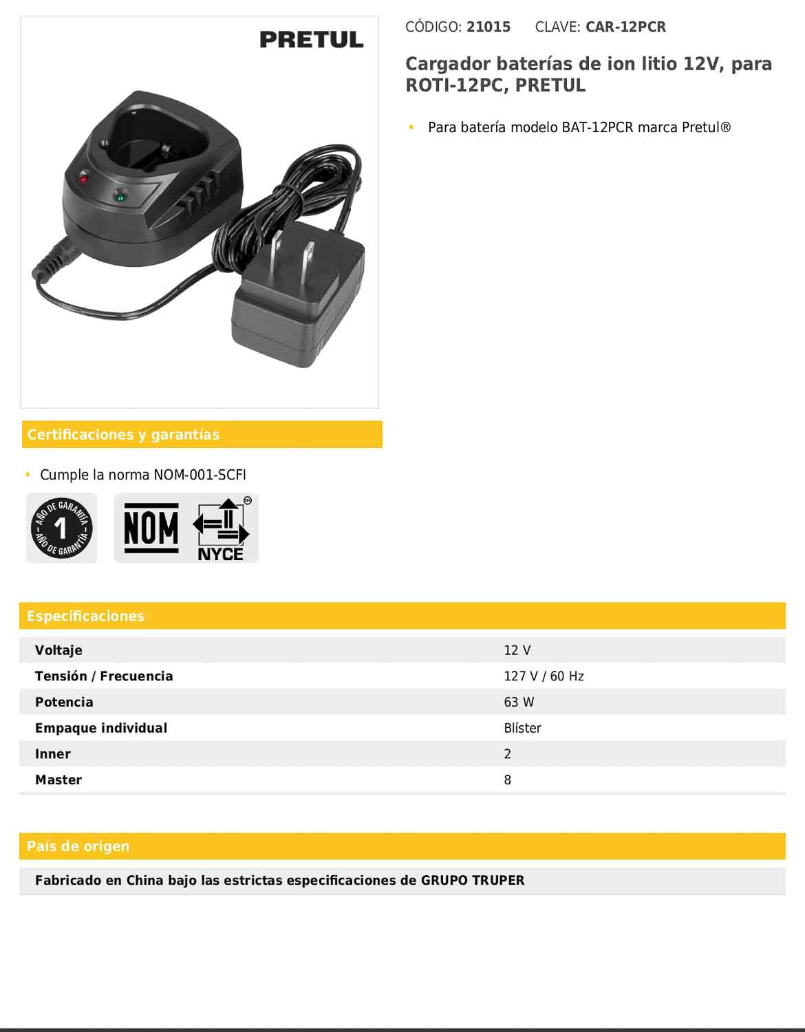 Cargador de baterías de ion litio de 12 V para ROTI-12PC