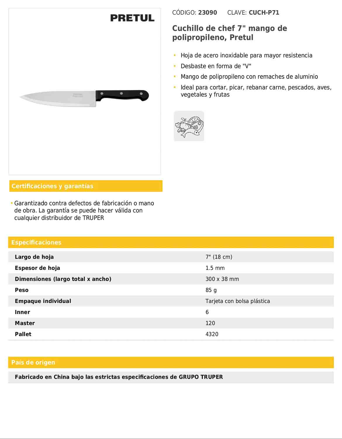 Cuchillo de chef de 7 pulgadas con mango de polipropileno