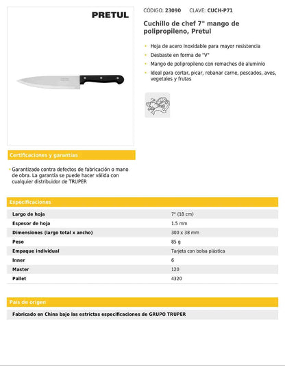 Cuchillo de chef de 7 pulgadas con mango de polipropileno