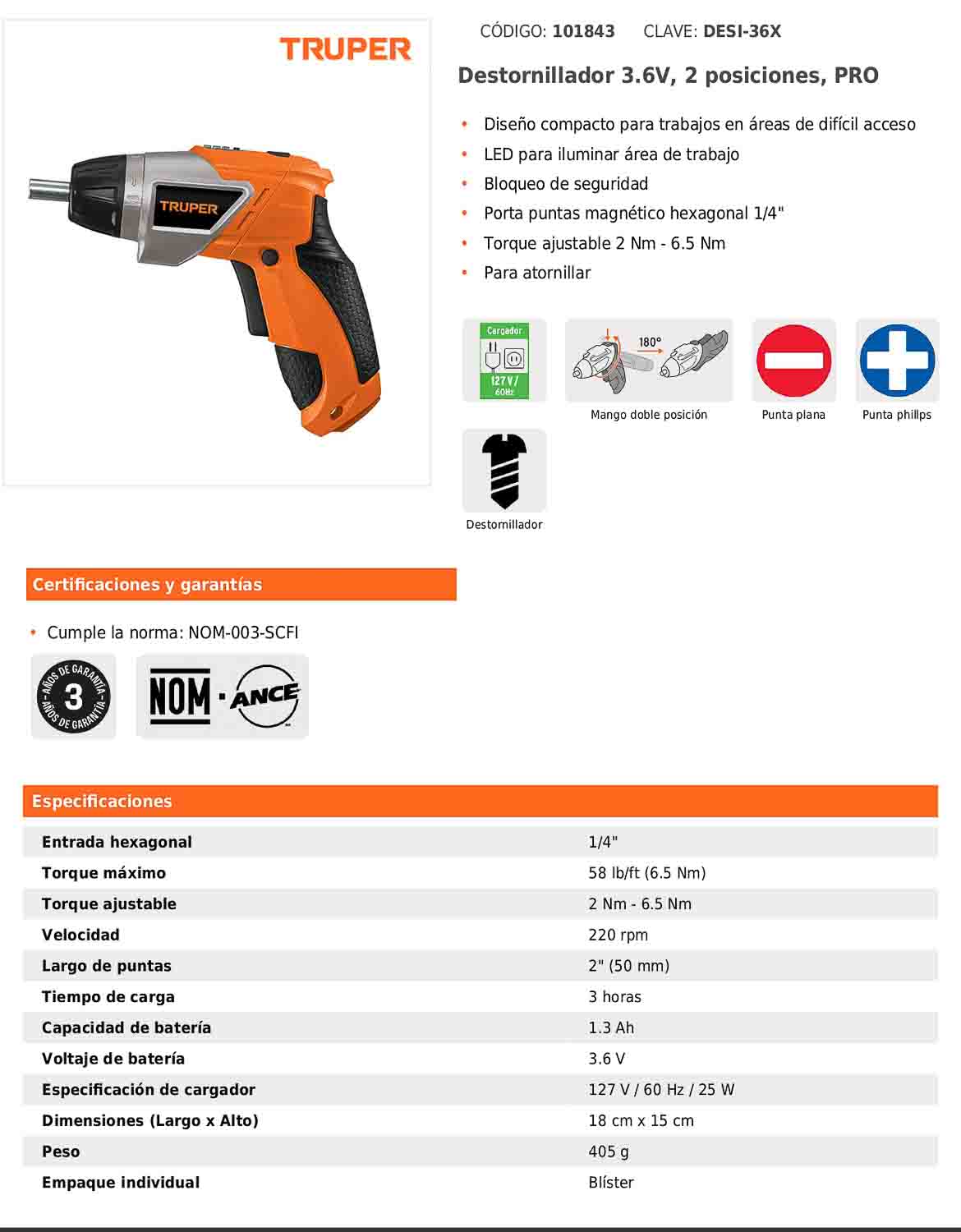 Destornillador inalámbrico de 3.6 V con dos posiciones y torque ajustable