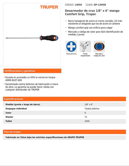Desarmador de cruz de 1/8 con barra de 15.24 cm y mango Comfort Grip