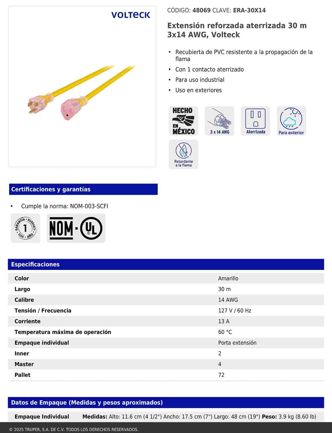 Extensión reforzada aterrizada 30 m 3x14 AWG