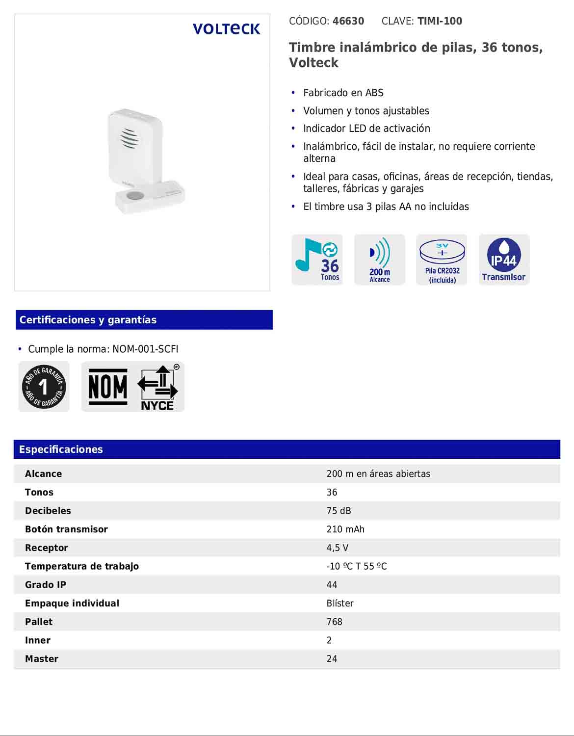 Timbre inalámbrico de pilas con 36 tonos