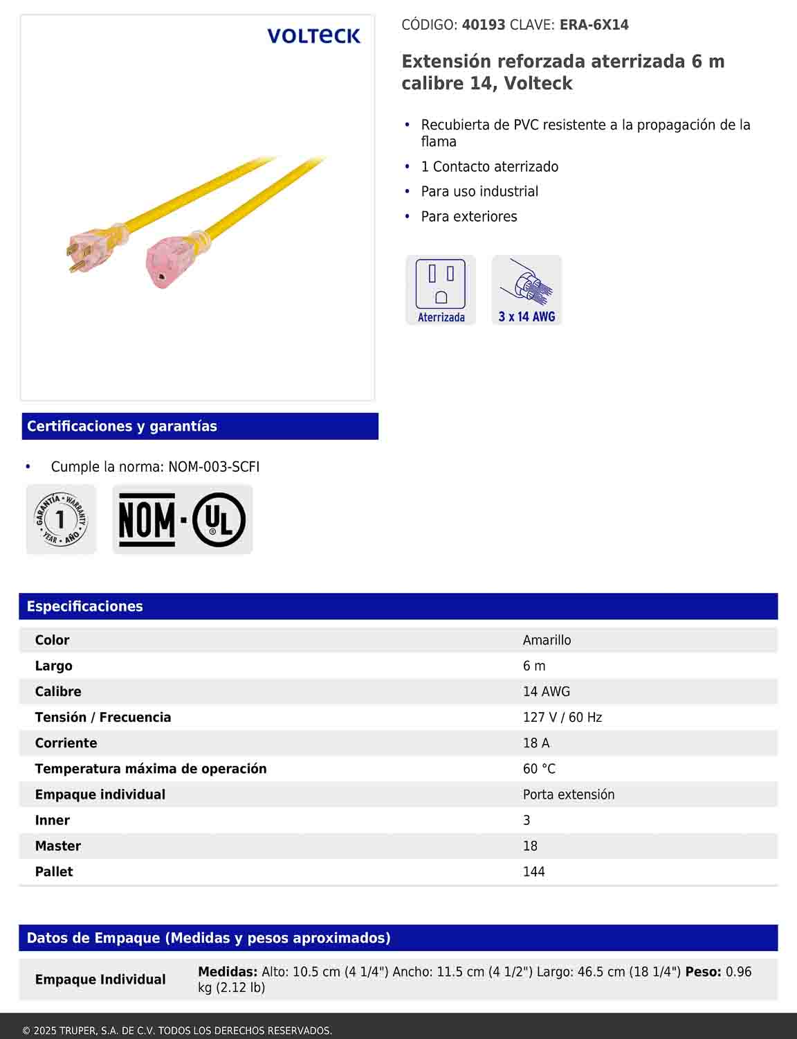 Extensión reforzada aterrizada 6 m calibre 14