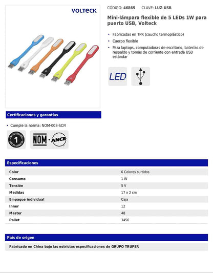 Mini lámpara flexible de 1 W con 5 LEDs para puerto USB