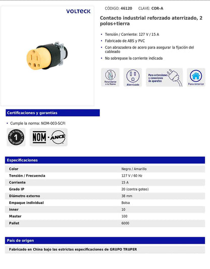Contacto industrial reforzado aterrizado de 127 V y 15 A con 2 polos + tierra