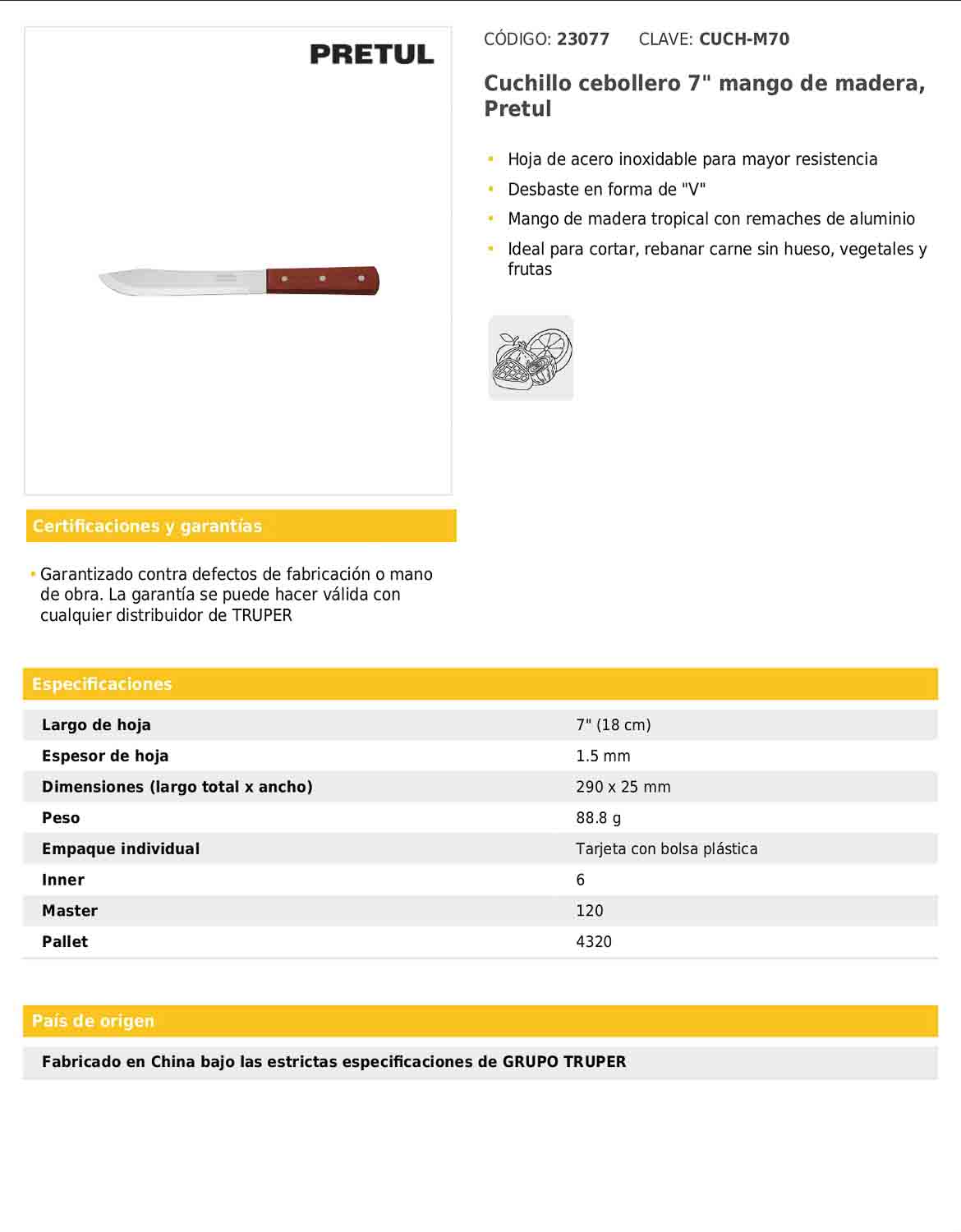 Cuchillo cebollero de 7 pulgadas con mango de madera