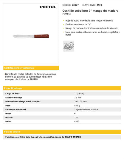 Cuchillo cebollero de 7 pulgadas con mango de madera