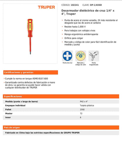 Desarmador dieléctrico de cruz de PH2 x 4