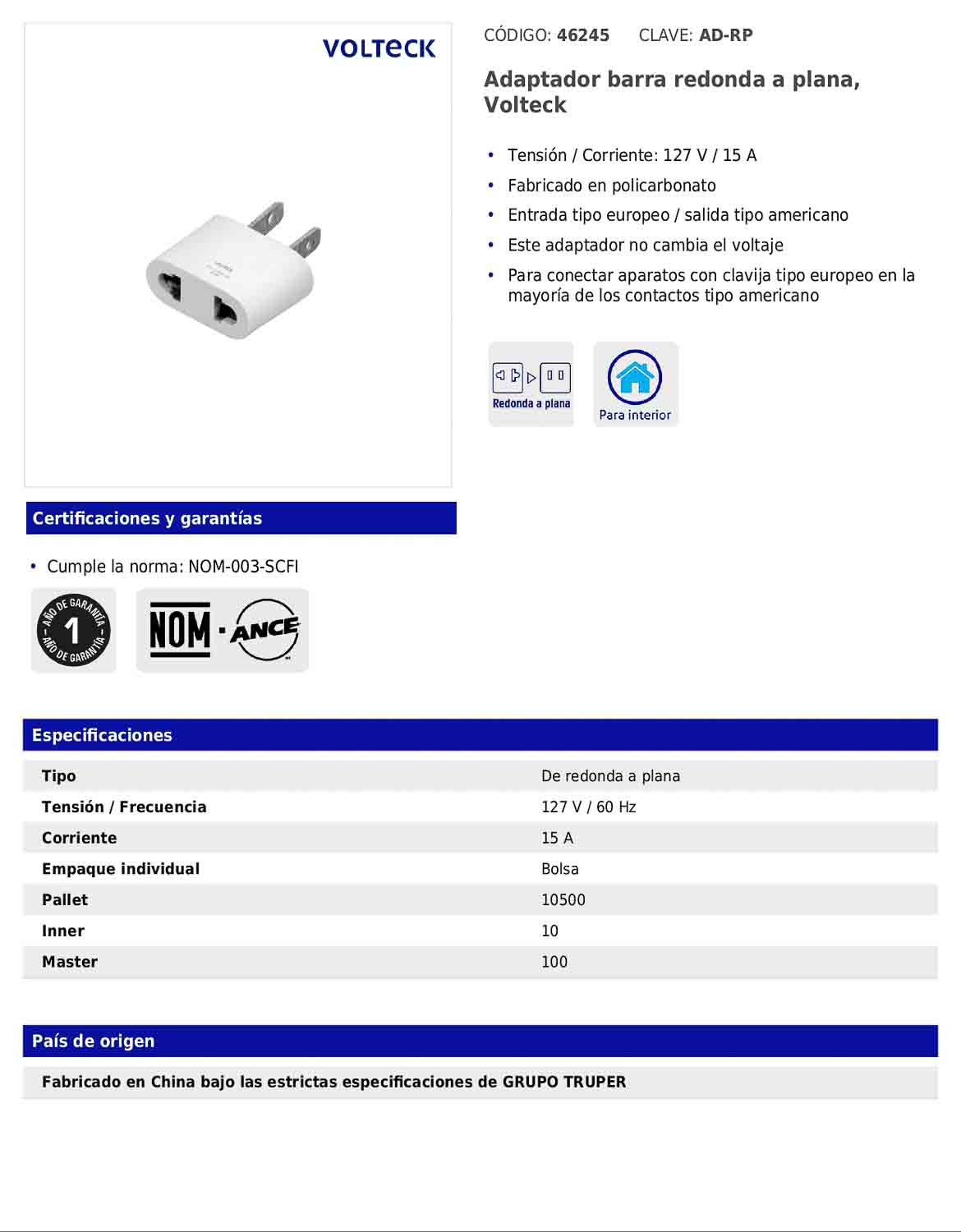 Adaptador de barra redonda a plana con entrada europea y salida americana