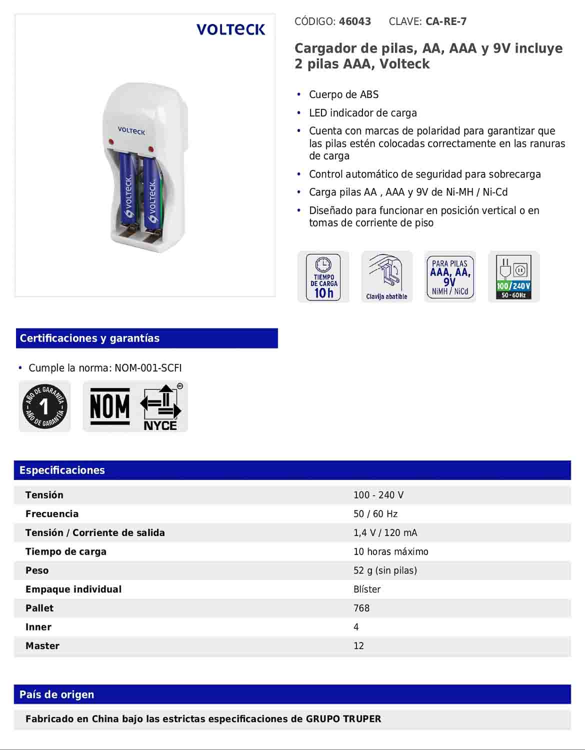 Cargador de pilas AA, AAA y 9V con LED indicador e incluye 2 pilas AAA