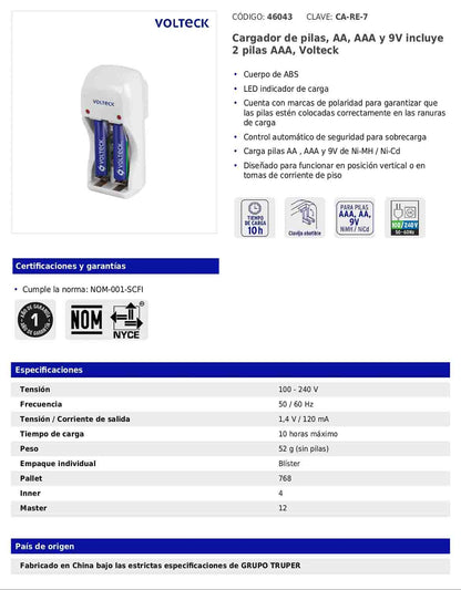 Cargador de pilas AA, AAA y 9V con LED indicador e incluye 2 pilas AAA