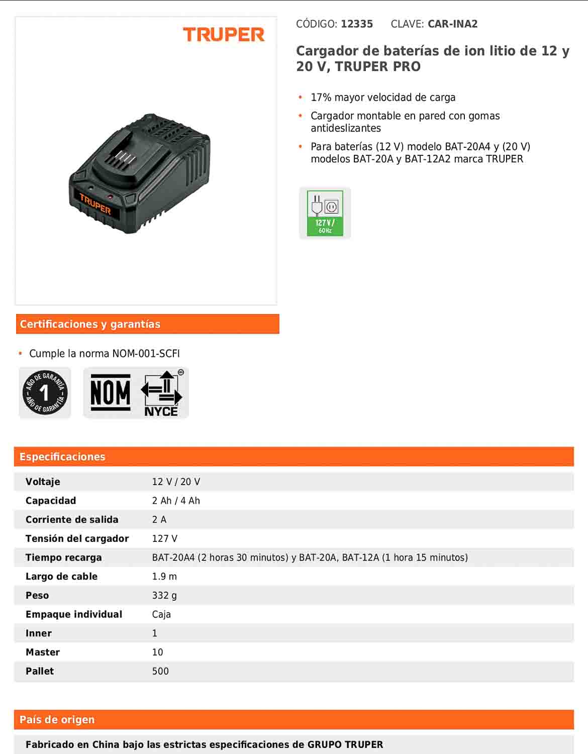 Cargador de baterías de ion litio de 12 y 20 V