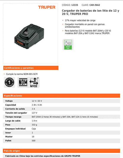 Cargador de baterías de ion litio de 12 y 20 V