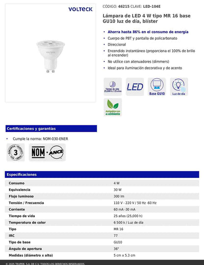 Lámpara LED de 4W tipo MR16 con luz de día