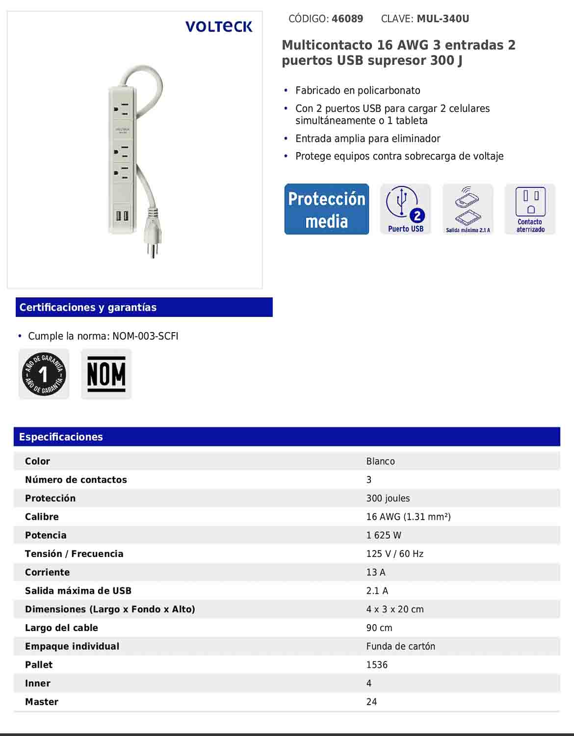 Regleta multicontacto de 3 entradas con 2 puertos USB y supresor de 300 joules