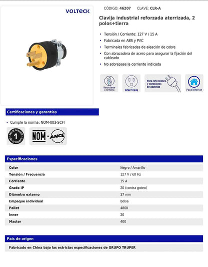 Clavija industrial reforzada aterrizada de 127 V y 15 A con 2 polos + tierra