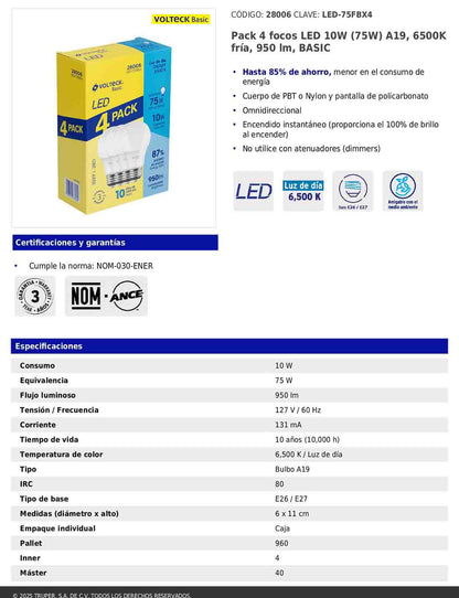 Pack de 4 focos LED 10W A19 6500K blanca fría 950 lm BASIC