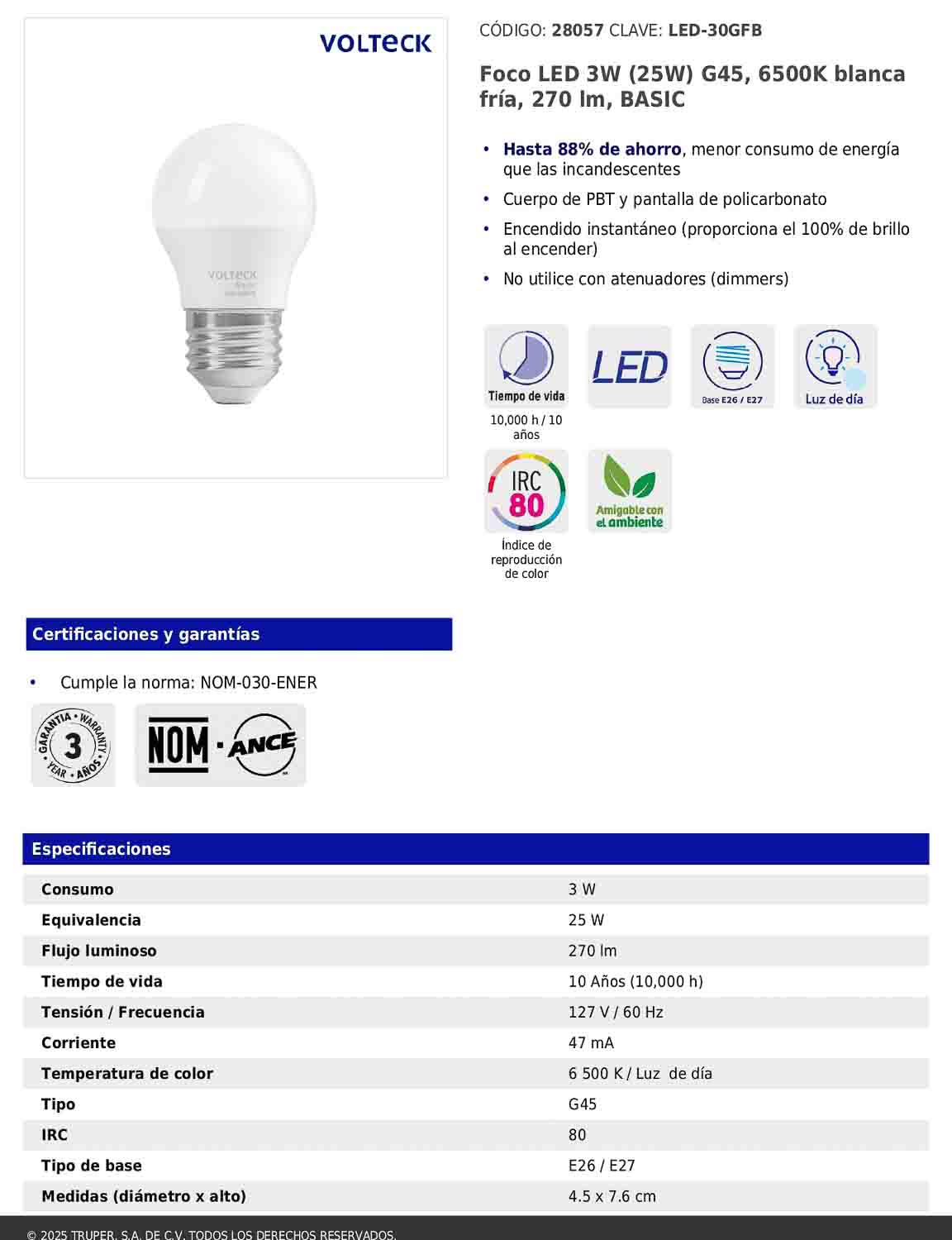 Foco LED 3W G45 6500K blanca fría 270 lm BASIC
