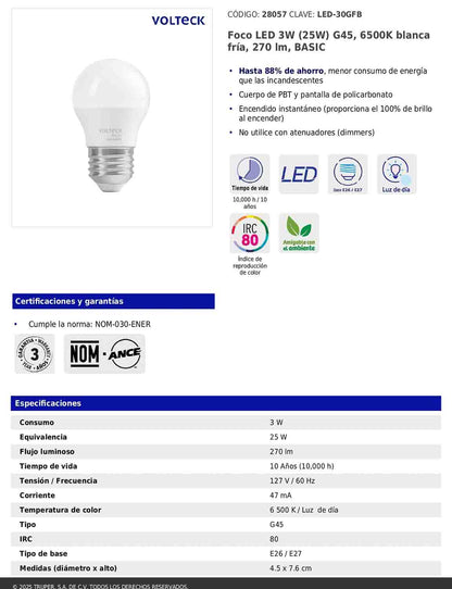 Foco LED 3W G45 6500K blanca fría 270 lm BASIC