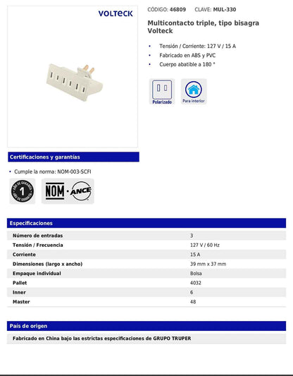 Multicontacto triple tipo bisagra de 127 V y 15 A con cuerpo abatible a 180°