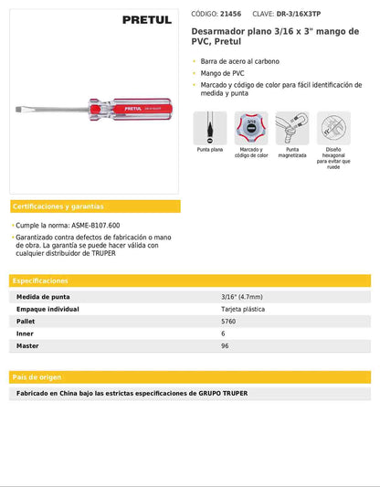 Desarmador plano de 3/16 x 3 con mango de PVC