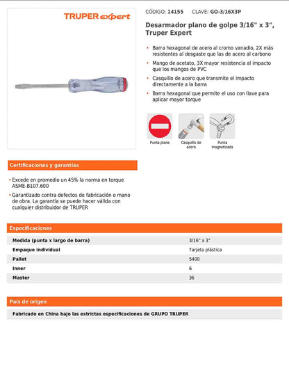 Desarmador plano de golpe de 3/16 x 3 con barra hexagonal