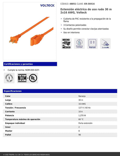 Extensión eléctrica de uso rudo de 30 m con calibre 2x16 AWG