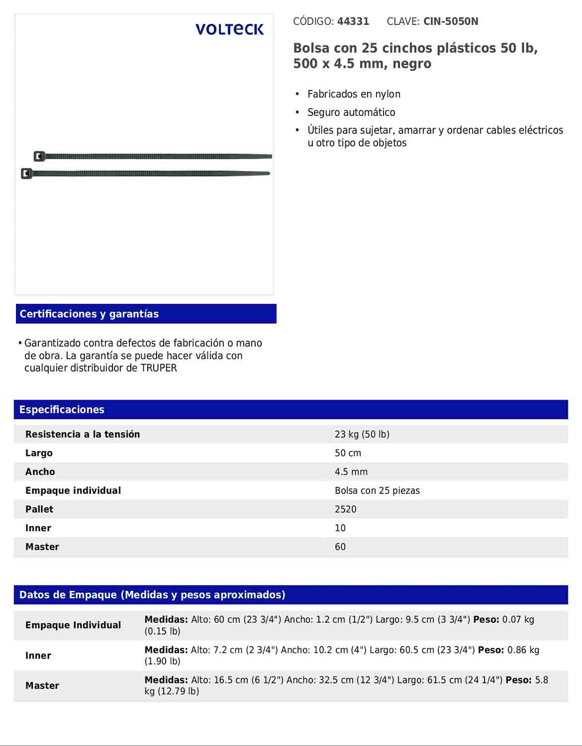 Bolsa con 25 cinchos plásticos de 50 lb de 50 cm de largo y 4.5 mm de ancho en color negro