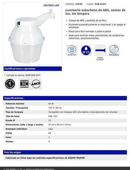 Luminario suburbano de ABS con sensor de luz y base E26/E27