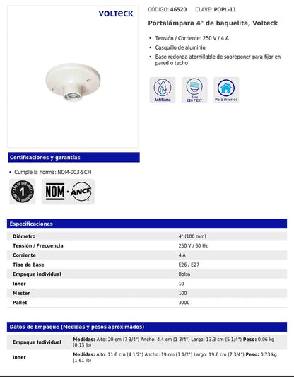 Portalámpara de baquelita de 4 in con casquillo de aluminio y base redonda