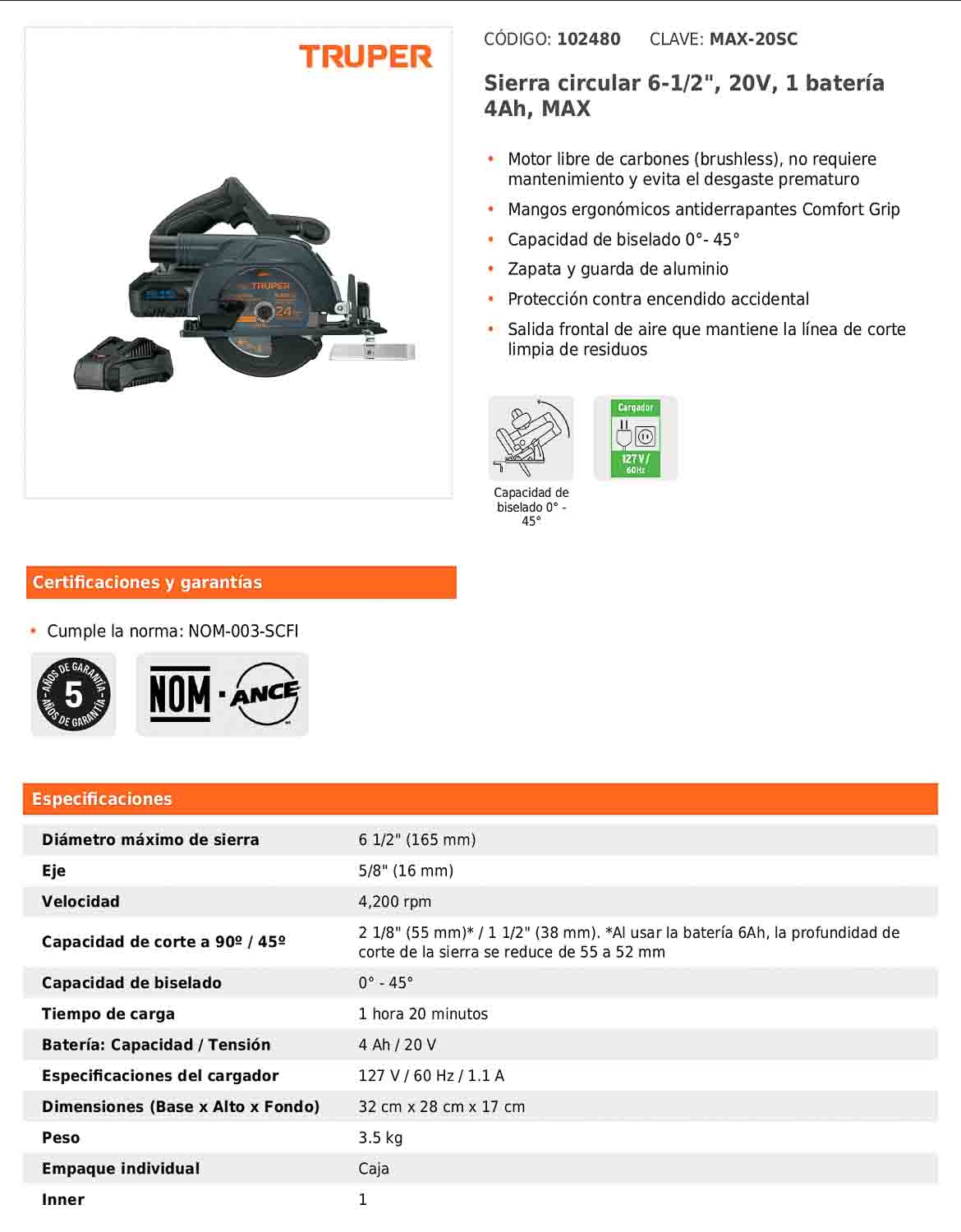 Sierra circular inalámbrica de 6-1/2 in con batería 20 V
