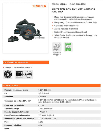 Sierra circular inalámbrica de 6-1/2 in con batería 20 V