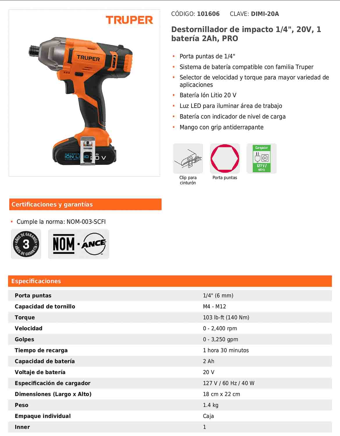 Destornillador de impacto inalámbrico de 1/4 in con batería 20 V y torque de 140 Nm